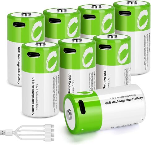 C Batteries Rechargeable with USB 4 in 1 Cable 8 Pack C Size Cell Lithium Batteries LR141.5V Li-ion Power for Long-Lasting Use in Floodlights in Kuwait