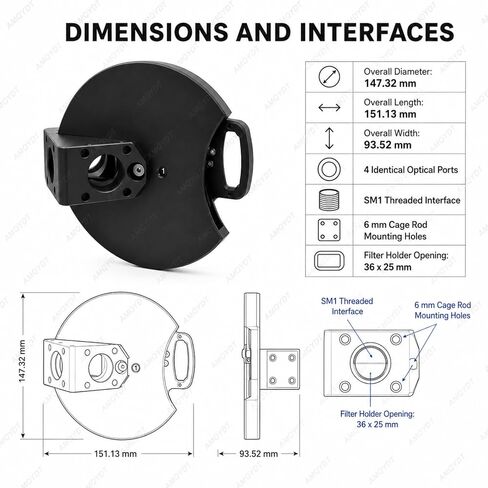 5-Position Dichroic Filter Wheel, Telescope Filter Holder with Sm1 and M4 Mounting, Magnetic Holders for 36 X 25mm Optics Up to 1.1mm Thick, 45° Optical Imaging and Spectral Experiments in Kuwait