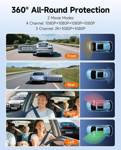 HUPEJOS 4 Channel Dash Cam Front and Rear Inside, 360° View Camera for Cars in Kuwait
