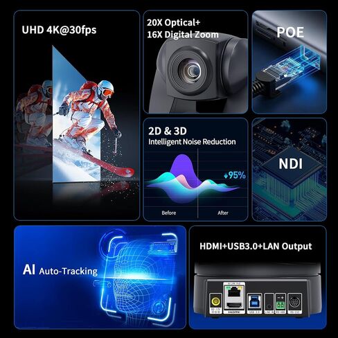 4K NDI PTZ Camera 20X, HDMI USB LAN Outputs Video Conference Camera Webcam for Church Worship/Events Services/Education,Works with Zoom,Skype,OBS in Kuwait