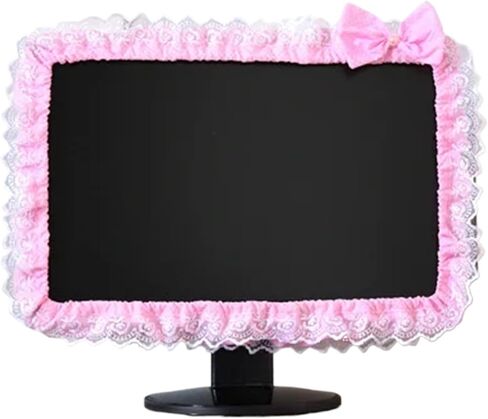 monitor cover cute 2pcs Lace Fabric Computer Frame Cover Monitor Screen Dust With Elastic Pen Pocket Bow Home Decorations(Blue) in Kuwait