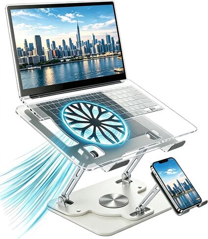 Laptop Stand for Desk with Quiet Cooling Fans - 360 Rotating Base Ergonomic Computer Stand, Aluminum Laptop Riser Foldable Protable for Office Home fits MacBook Air Pro, Dell, HP (10-17.3'') (black) in Kuwait