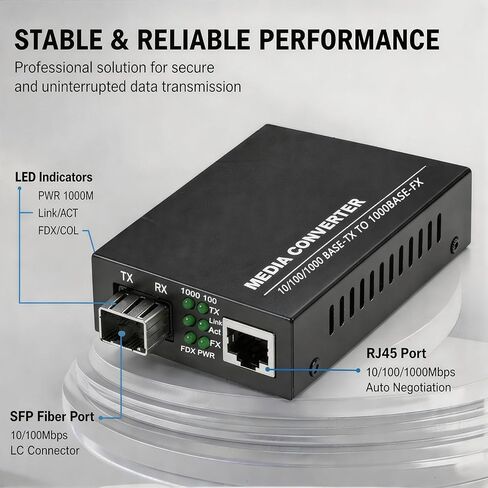 A Pair of 1.25G/s DX Gigabit Multi-Mode Fiber Ethernet Media Converter with 2PCS DX SFP LC Dual Transceiver Module Included, 10/100/1000Base-Tx to 1000Base-SX SMF RJ45 to SFP Slot up to 550M in Kuwait