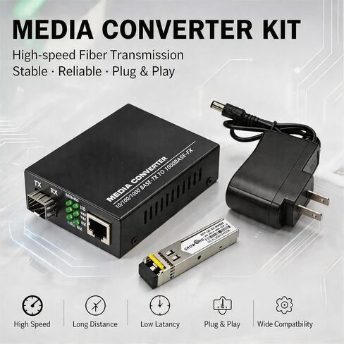 A Pair of 1.25G/s DX Gigabit Multi-Mode Fiber Ethernet Media Converter with 2PCS DX SFP LC Dual Transceiver Module Included, 10/100/1000Base-Tx to 1000Base-SX SMF RJ45 to SFP Slot up to 550M in Kuwait