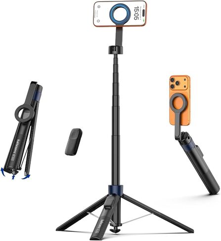 Kaitezenz Auto-Open Magnetic Selfie Stick Tripod for iPhone MagSafe, 71" Cell Phone Tirpod Stand with Metal Ring & Rechargeable Remote for Video Recording Vlogging Black in Kuwait