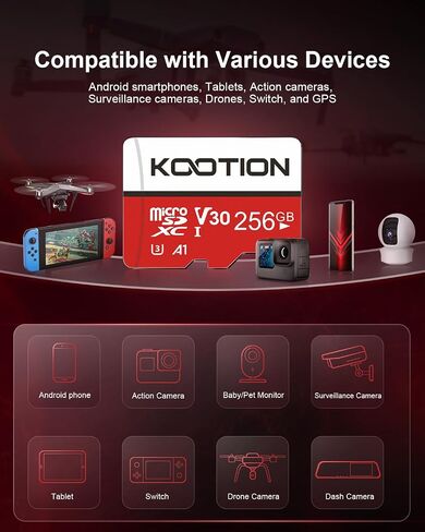 KOOTION 256GB Micro SD Card UHS-I U3 V30 4K for Camera/Action Camera/Drone/Smartphone, Class 10 MicroSDXC Memory Card with Adapter in Kuwait