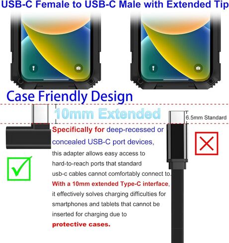 USB-C Male 10mm Tip to USB-C Female Adapter, Support 240W PD & Data Sync & Video for iPhone 17 Air 16 Pro Max 15 Plus,Galaxy S26 S25 S24 S23,Pixel 10 9 Pro XL 8A 8 Type-C Device w/Deep Recessed Port in Kuwait