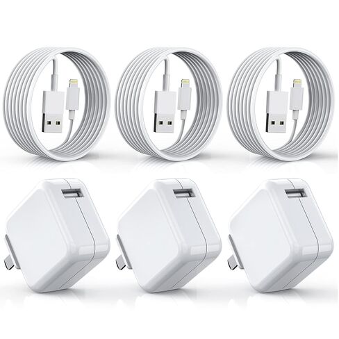[3 Pack] iPad Charger, iPhone Charger 【MFi Certified】 Long Lightning Cable 10 Foot Lightning Charging Cord with 12W Wall Foldable Block Portable Travel Plug Charging for iPad/iPadMini/iPadAir, iPhone in Kuwait