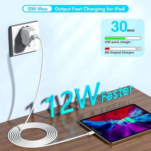 [3 Pack] iPad Charger, iPhone Charger 【MFi Certified】 Long Lightning Cable 10 Foot Lightning Charging Cord with 12W Wall Foldable Block Portable Travel Plug Charging for iPad/iPadMini/iPadAir, iPhone in Kuwait
