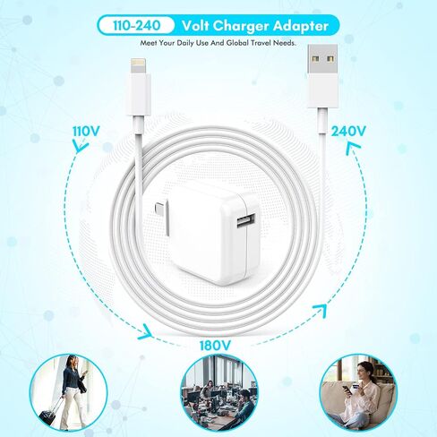 [3 Pack] iPad Charger, iPhone Charger 【MFi Certified】 Long Lightning Cable 10 Foot Lightning Charging Cord with 12W Wall Foldable Block Portable Travel Plug Charging for iPad/iPadMini/iPadAir, iPhone in Kuwait