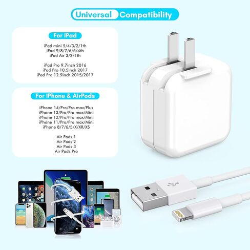 [3 Pack] iPad Charger, iPhone Charger 【MFi Certified】 Long Lightning Cable 10 Foot Lightning Charging Cord with 12W Wall Foldable Block Portable Travel Plug Charging for iPad/iPadMini/iPadAir, iPhone in Kuwait