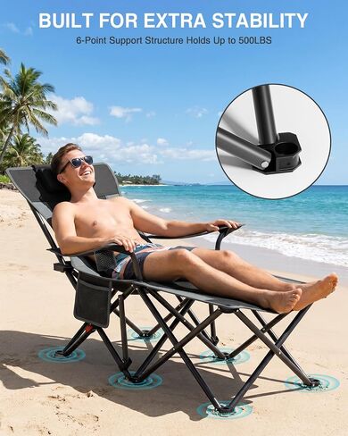 HOPERAN Camping Chair with Foot Rest, 500LBS 4-Level Reclining Beach Chair in Kuwait