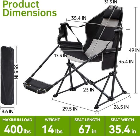 Hammock Swinging Rocking Camping Chairs with Footrest for Adults up to 400lbs,Folding Portable Chair with Cup Holder and Pillow,Heavy Duty Chair for Beach,RV Travel,Hiking in Kuwait