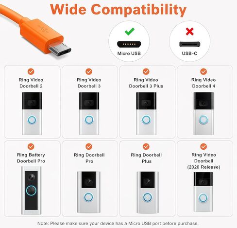6FT Charger Cable for Ring Doorbell Battery, USB-A to Micro USB Charing Cord Compatible with Ring Video Doorbell 2/3/3 Plus/4, Video Doorbell 2020 Release, Doorbell Pro/Plus Camera Battery Charger in Kuwait