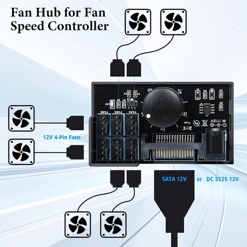 12V 4-Pin PWM Fan Controller with Magnetic Design, 6 PC Fans Supported, Fan Speed Adapter Hub for Fans Cooling, Adjustable Speed Knob, SATA & DC Dual Power Input, 60W 5A Output Max (Black) in Kuwait