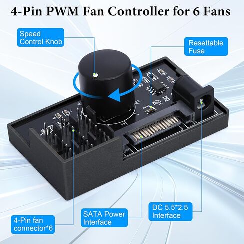 12V 4-Pin PWM Fan Controller with Magnetic Design, 6 PC Fans Supported, Fan Speed Adapter Hub for Fans Cooling, Adjustable Speed Knob, SATA & DC Dual Power Input, 60W 5A Output Max (Black) in Kuwait