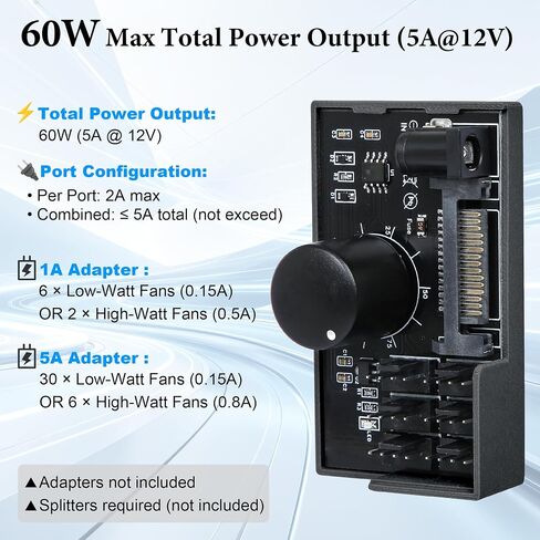 12V 4-Pin PWM Fan Controller with Magnetic Design, 6 PC Fans Supported, Fan Speed Adapter Hub for Fans Cooling, Adjustable Speed Knob, SATA & DC Dual Power Input, 60W 5A Output Max (Black) in Kuwait