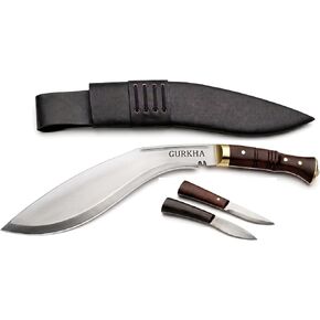 Gurkha Kukri Knife – Hand-Forged in Nepal – WW II 11" Carbon Steel Blade | Full Tang Khukuri – Heavy Duty Chopping, Survival & Bushcraft with 2 Utilities Knives & Leather Sheath in Saudi Arabia