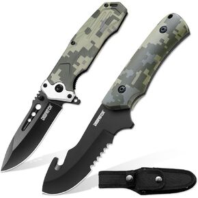Dispatch Tactical Hunting Knife Set - 2 Piece, 8.5" Fixed Blade Gut Hook Bowie Knife & 4.5" Folding Pocket Knife with Sheath - Survival Gear for Men, Full Tang Camo Handle Hunting Essentials in Kuwait