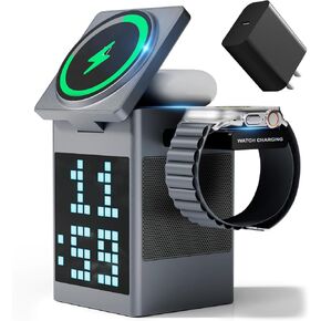 Vivilumens 3-in-1 Wireless Charging Station with Bluetooth Speaker, Pixel Digital Clock for Desk, Wireless MagSafe for iPhone 17/16/15, Apple Watch, AirPods, Fast Charging, Compact Desk Organizer in Kuwait