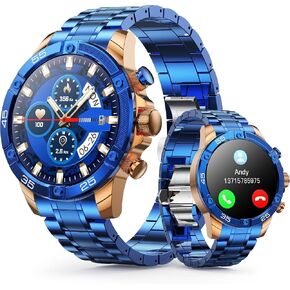 Men's Smart Watch Round HD 1.53" Gold Blue Smart Watches for Men, Multiple Sports Modes, Bluetooth Voice Call. Available for iOS and Android (Blue) in Kuwait