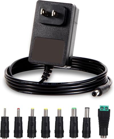12V 2A Power Supply AC Adapter with 8 Interchangeable Tips, Regulated 12 Volt 2000mA DC Charger for LED Strip, CCTV Camera, Router, BT Speaker, GPS, Webcam 5.9FT Long Cord, Center Positive in Kuwait