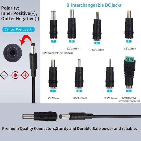 12V 2A Power Supply AC Adapter with 8 Interchangeable Tips, Regulated 12 Volt 2000mA DC Charger for LED Strip, CCTV Camera, Router, BT Speaker, GPS, Webcam 5.9FT Long Cord, Center Positive in Kuwait