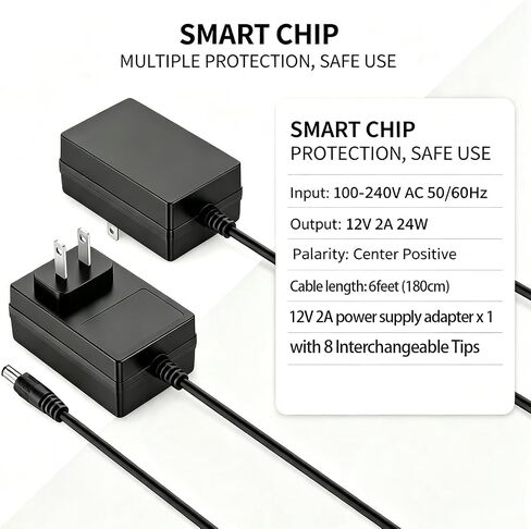 12V 2A Power Supply AC Adapter with 8 Interchangeable Tips, Regulated 12 Volt 2000mA DC Charger for LED Strip, CCTV Camera, Router, BT Speaker, GPS, Webcam 5.9FT Long Cord, Center Positive in Kuwait