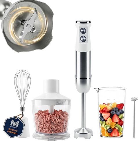 MEGAWISE 1000W Immersion 5-in-1 Hand Blender Stick with Variable Speed Turbo, Stainless Steel Kitchen Appliance for Soup Smoothie, Includes Whisk Milk Frother Chopper Beaker White in Kuwait