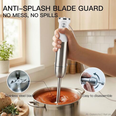 MEGAWISE 1000W Immersion 5-in-1 Hand Blender Stick with Variable Speed Turbo, Stainless Steel Kitchen Appliance for Soup Smoothie, Includes Whisk Milk Frother Chopper Beaker White in Kuwait