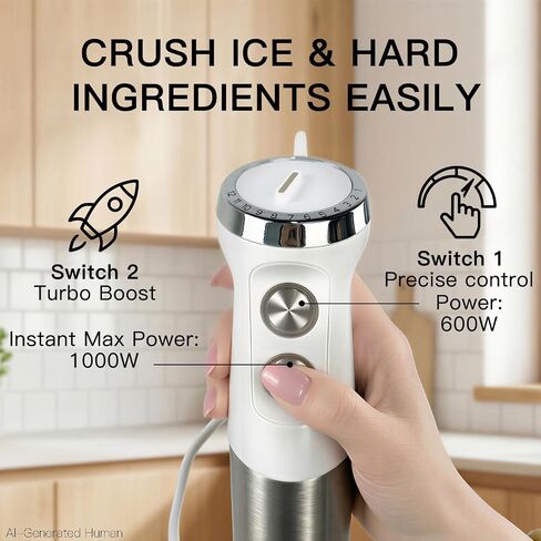 MEGAWISE 1000W Immersion 5-in-1 Hand Blender Stick with Variable Speed Turbo, Stainless Steel Kitchen Appliance for Soup Smoothie, Includes Whisk Milk Frother Chopper Beaker White in Kuwait