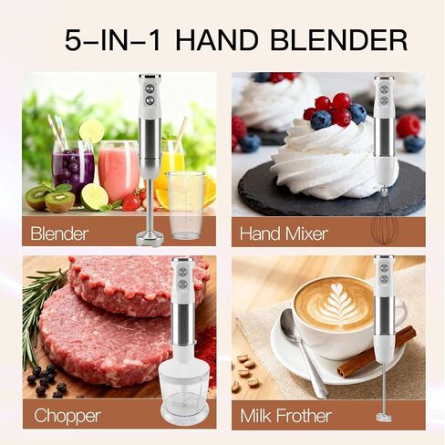 MEGAWISE 1000W Immersion 5-in-1 Hand Blender Stick with Variable Speed Turbo, Stainless Steel Kitchen Appliance for Soup Smoothie, Includes Whisk Milk Frother Chopper Beaker White in Kuwait