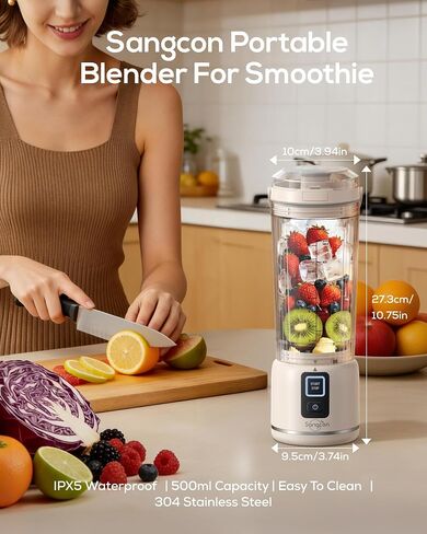 Sangcon Personal Portable Blender for Shakes & Smoothies, 6000mAh Cordless USB-C Rechargeable Blender with 2 Blend Modes, Leakproof Travel Lid, Dishwasher Safe, Ideal for Gym Office Kitchen, BPA-Free in Saudi Arabia