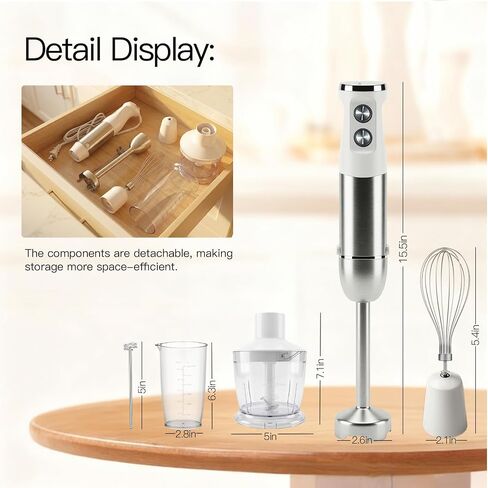 MEGAWISE 1000W Immersion 5-in-1 Hand Blender Stick with Variable Speed Turbo, Stainless Steel Kitchen Appliance for Soup Smoothie, Includes Whisk Milk Frother Chopper Beaker White in Kuwait