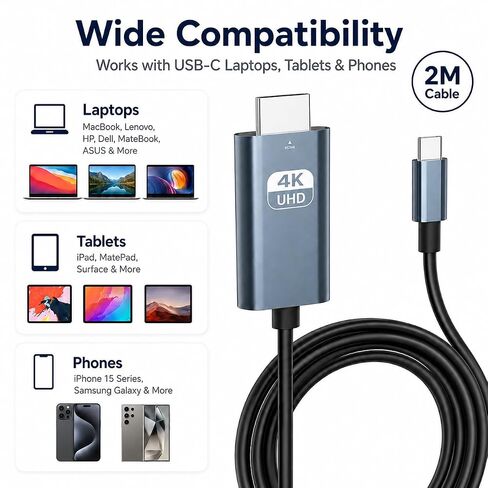 USB C to HDMI Cable 6.6FT, 4K@30Hz Type-C to HDMI Cable for iPhone 15/16 Series, MacBook Air/Pro, iPad Pro, Galaxy S24/S23, USB-C Laptop, Tablet to TV, Monitor, Projector in Kuwait