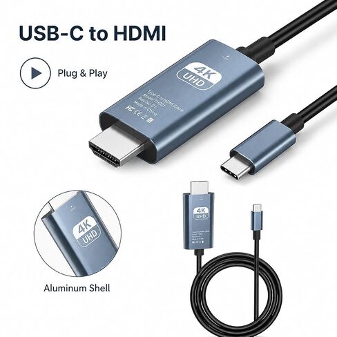 USB C to HDMI Cable 6.6FT, 4K@30Hz Type-C to HDMI Cable for iPhone 15/16 Series, MacBook Air/Pro, iPad Pro, Galaxy S24/S23, USB-C Laptop, Tablet to TV, Monitor, Projector in Kuwait