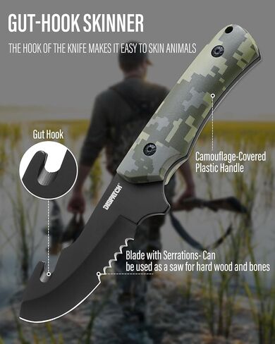 Dispatch Tactical Hunting Knife Set - 2 Piece, 8.5" Fixed Blade Gut Hook Bowie Knife & 4.5" Folding Pocket Knife with Sheath - Survival Gear for Men, Full Tang Camo Handle Hunting Essentials in Kuwait