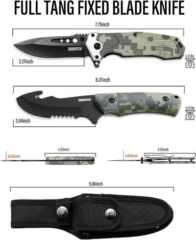Dispatch Tactical Hunting Knife Set - 2 Piece, 8.5" Fixed Blade Gut Hook Bowie Knife & 4.5" Folding Pocket Knife with Sheath - Survival Gear for Men, Full Tang Camo Handle Hunting Essentials in Kuwait