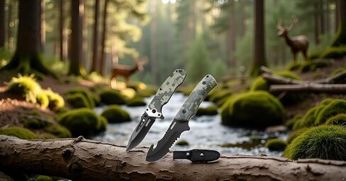 Dispatch Tactical Hunting Knife Set - 2 Piece, 8.5" Fixed Blade Gut Hook Bowie Knife & 4.5" Folding Pocket Knife with Sheath - Survival Gear for Men, Full Tang Camo Handle Hunting Essentials in Kuwait