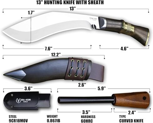 BA-KOR 13in 6mm Bushcraft Survival Knife with Fire Starter,9CR18MOV Fixed Blade Camping Knife,Full Tang Outdoor Hunting Knife in Kuwait