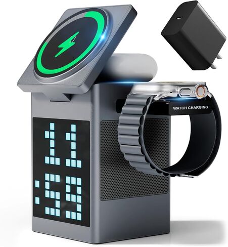Vivilumens 3-in-1 Wireless Charging Station with Bluetooth Speaker, Pixel Digital Clock for Desk, Wireless MagSafe for iPhone 17/16/15, Apple Watch, AirPods, Fast Charging, Compact Desk Organizer in Kuwait