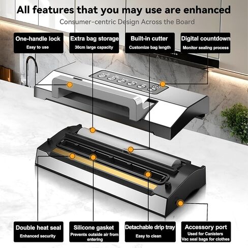 Powerful Suction Vacuum Sealer for Food, Vacapex Precision Vacuum Sealer Machine Pro, Dual Heat Seal, Dry & Moist Modes, One-Touch Operation, Built-In Cutter & Bag Storage, 2 Rolls & Hose Included in Kuwait