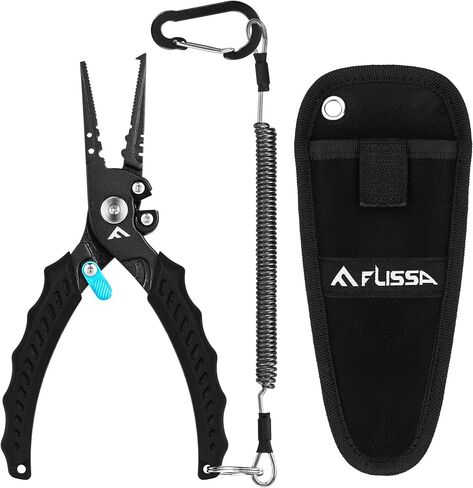 FLISSA Fishing Pliers, Safety Lock Design Fish Pliers Saltwater, Aluminum Hook Remover, Titanium 6Al-4V Jaw and Tungsten Carbide Line Cutters, Sheath & Lanyard, Fishing Gear Gifts for Men in Kuwait