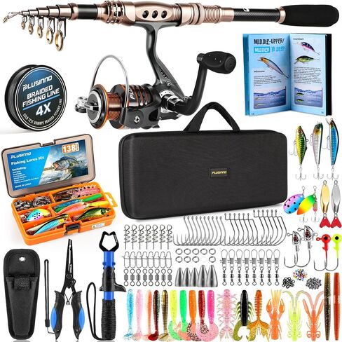 PLUSINNO Fishing Rod and Reel Combo with Telescopic Fishing Pole, Portable Travel Fishing Rods Kit with Tackle Box Carrier Bag & Manuals, Fishing Gear Tool Kit for Freshwater, Fishing Gifts for Men in Kuwait