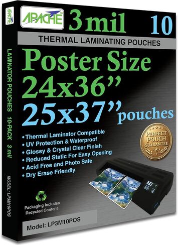 Apache Poster Size Laminating Pouches, 3 Mil, 10 Pack, Holds 24 x 36 Inch Projects (25 x 37 Inch Pouch Size), Thermal Laminator Compatible Laminating Sheets, Super Clear, Round Corners in Kuwait
