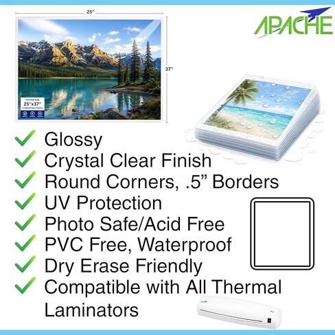 Apache Poster Size Laminating Pouches, 3 Mil, 10 Pack, Holds 24 x 36 Inch Projects (25 x 37 Inch Pouch Size), Thermal Laminator Compatible Laminating Sheets, Super Clear, Round Corners in Kuwait