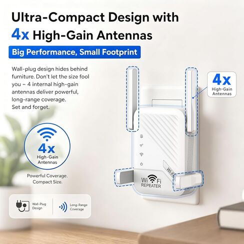 WiFi Extender Signal Booster for Home, Dual Band AC1200 WiFi Range Extender with 4 High-Gain Antennas, Internet Booster, Access Point Mode, 2 Ethernet Ports, WPA/WPA2 Secure Plug and Play in Kuwait