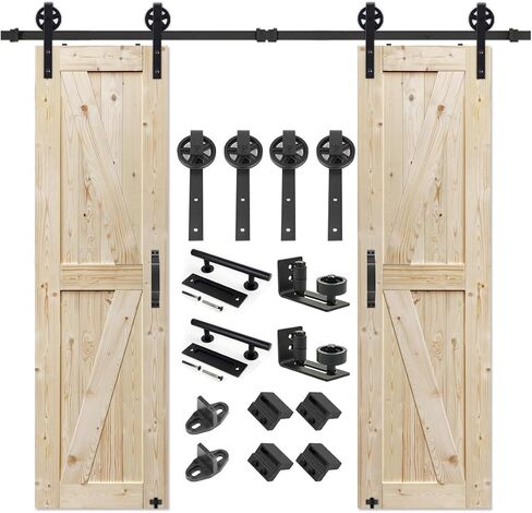 S&Z TOPHAND 30in x 84in Double Unfinished British Brace Knotty Barn Door with 10FT Sliding Door Hardware Kit/Solid Wood/Sliding Door/Double Surfaces (Door+ Big Wheel) in Kuwait
