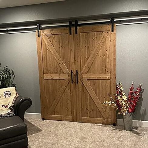 S&Z TOPHAND 30in x 84in Double Unfinished British Brace Knotty Barn Door with 10FT Sliding Door Hardware Kit/Solid Wood/Sliding Door/Double Surfaces (Door+ Big Wheel) in Kuwait
