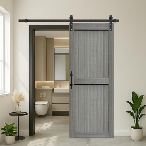 S&Z TOPHAND® 30in x 84in MDF Elephant Gray Barn Door with 5FT Sliding Door Hardware Kit, Solid Barn Door Slab Covered with Water-Proof PVC Surface, Simple Assembly is Required in Kuwait